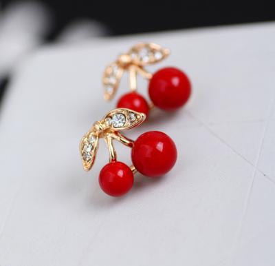 China New Fashion Cute Lovely Red Cherry Earrings Rhinestone Leaf Bead Stud Earrings For Woman Jewelry for sale