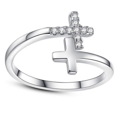 China 925 Religious Sterling Silver Adjustable Double Cross Ring Jewelry For Girls open for sale