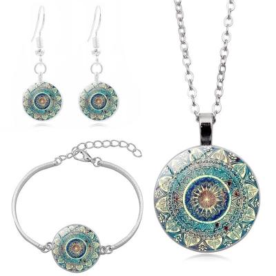 China Wholesale High Quality Ethnic Style Glass Cabochon Mandala Alloy Necklace And Bracelet And Earrings Women Jewelry Set for sale