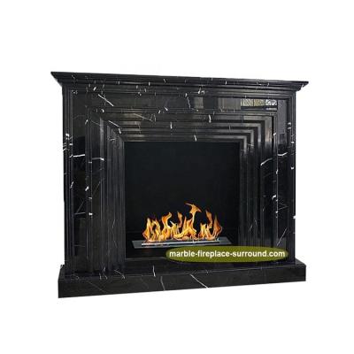 China Western Freestanding Fireplace Mantel White Stripe In Marquina Nero Margiua Black Marble Fireplace for sale