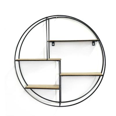 China Hot Sale Iron Round Bathroom Tool Wall Hanging Rack Wooden Stocked Shelf For Home for sale