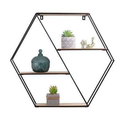 China MDF Wooden Iron Stocked Four Layer Hexagon Storage Wall Hanging Utensil Rack Shelf for sale