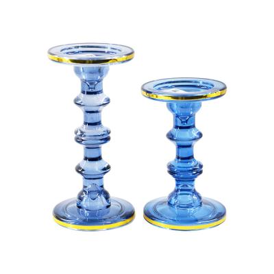 China European K&B style high quality blue glass modern fashion candle holder antique geometric candle holder for sale