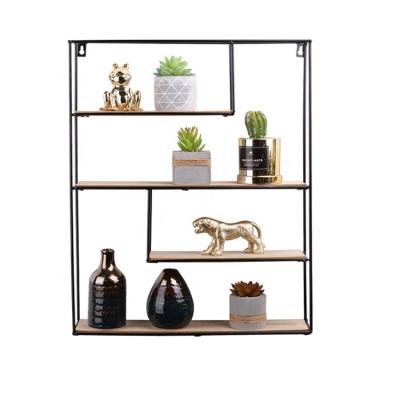 China Black Wooden Iron Stocked MDF Style Four Layer Wall Mount Square Shelf Perfect Decor For Any Room for sale