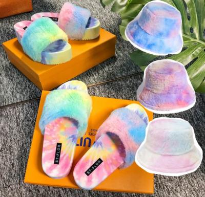 China Fashion Trend Tied Dyed Slipper And Hat For Women Faux Fur Sandals Girls Colorful Hats 2021 Free Combination for sale