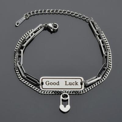 China Vintage Double Layer Titanium Steel Bracelet With Letter Charm Dangling Bracelet Women for sale