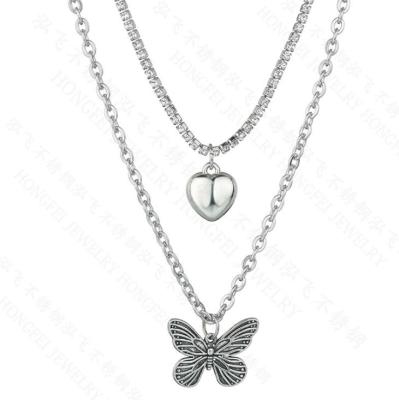 China fashionable & Chic Simple Cool Vintage Heart Butterfly Pendant Necklace Titanium Stainless Steel Layered Necklace Jewelry For Women for sale