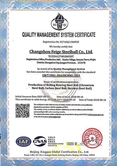 ISO9001:2015 - Changzhou Feige Steel Ball Co.,Ltd