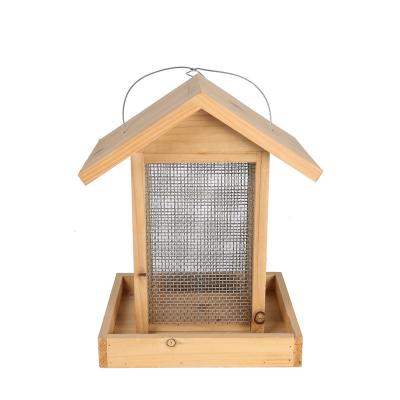 China Custom Made Sustainable High Quality Natural Wooden Bird Feeder Hanging Bird Feeder With Metal Netting for sale