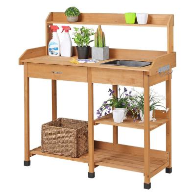 China Pastoral Classic Style Wooden Garden Workbench Sink Table Flower Beams Drawer Hook Potting Bench for sale