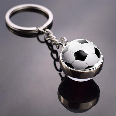 China Advertising European Double Ball Pendant Key Ring Glass Football Cup Jewelry Basketball Soccer Top Side Key Chain for sale