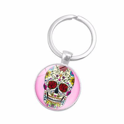 China Advertising Sugar Skull Pendent Glass Key Colorful Exquisite Ring Skeleton and Flower Coin Key Chain for Unisex for sale