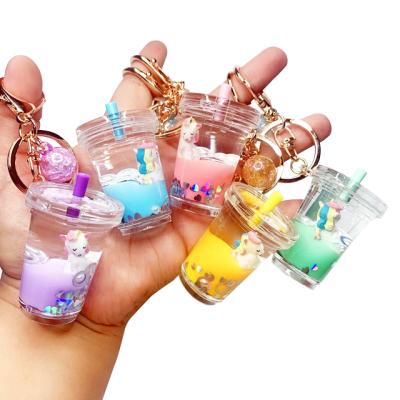 China Convenient Cute Mini Drink Floating Keychain Creative Milk Tea Acrylic Liquid Key Chain for sale