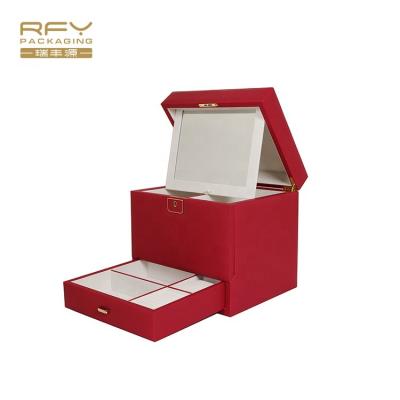 China Leather Luxury Custom Logo Organizer Holder Jewelry Box With Mirror Pocket Drawer for sale