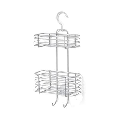 China Modern Design Wall Mounted Type Powder Coated Steel Two Tier Bathroom Storage Rack Soap Basket Metal Wire Shower Hanging Rack for sale