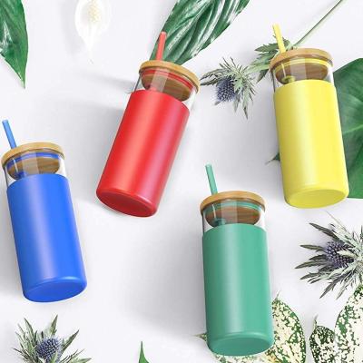 China Wholesale BPA Free Stocked Lid 16oz Bamboo Glass Tumbler With Straw And Silicon Sleeve for sale