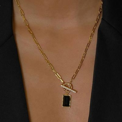 China CLASSIC Fine Brass Fine Jewelry Square 18K Gold Plated Black Gemstone Diamond Necklace Paperclip Chain Necklaces Pendant For Women for sale