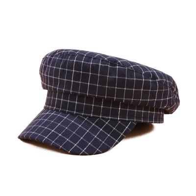 China JOINT Stylish Guys Navy Blue Flat Checked Plaid Style Women Military Hat for sale