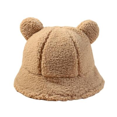 China Custom Logo Warm Winter Embroidery Brown Furry Bear Ear Bucket Hats Fluffy Bear Bucket Hat for sale