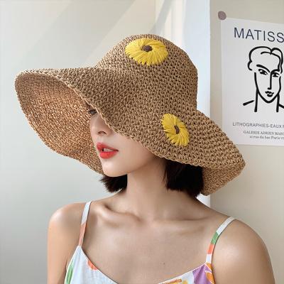 China Eco-friendly Summer Women's Korean Style Daisy Embroider Sun Block Vacation Beach Floppy Oversized Flounced Hat Wide for sale