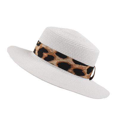 China 2022 New Ladies Eco-friendly Custom Leopard Print Lace Up Fashion Sun Hat Boater Straw Hat for sale