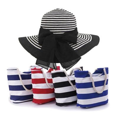 China Lady's Fashion Classic Summer Travel Eco-friendly Stripe Style Canvas Bag And Hat Set for sale