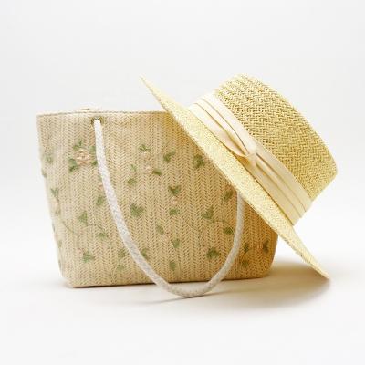 China 2021 Eco-Friendly Women Summer Wide Brim Straw Gambler Embroidery Bags And Hats for sale