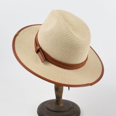 China Summer Eco-Friendly Ladies Beach Hat Leather Band Women Panama Paper Wide Brim Fedora Straw Hats for sale