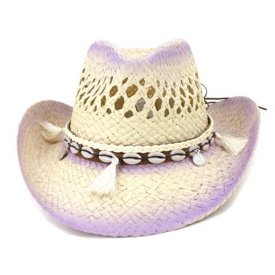 China 2022 New Arrival Eco-friendly Shell Decorate Women Holiday Paint Purple Cowboy Hat For Summer for sale