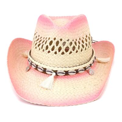 China 2022 Eco-Friendly New Hot Lady Traveling Outdoor Sun Protect Beach Cowboy Straw Hats Cowgirl Western Pink Hat for sale