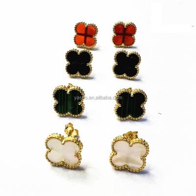 China Popular Fine Jewelry 925 Sterling Silver Lucky Va Agate Mother Of Pearl Clover Stud Earrings For Women for sale