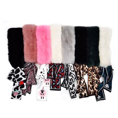 China Warm Silk Color Imitation Rex Rabbit Korean Scarf Wool Collar Autumn And Winter Fur Newest Leopard Print Scarf Plush Ribbon Scarf for sale