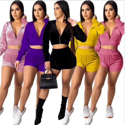 China QUICK DRY Casual Korean Open Front Two Piece Hooded Zipper Navel Shorts Velvet Shorts Fashion Short Set for sale