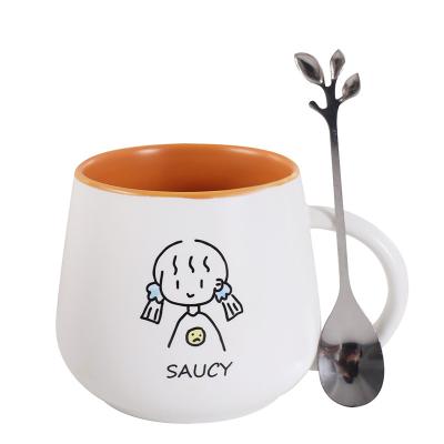 China Amazon Viable Hot Seller Custom Ceramic Coffee Mug Large Capacity Cute Cartoon Couples Milk Cup With Lid And Spoon for sale