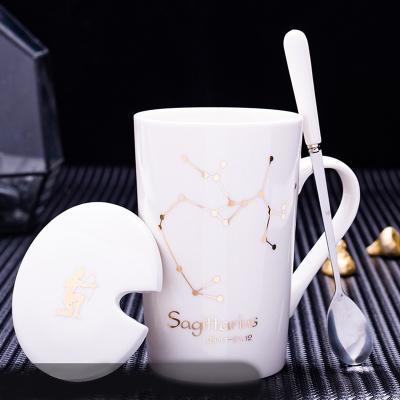 China 420ml Viable 14oz Ceramic Coffee Mug 12 Constellation Mugs With Lid And Spoon Gold Couples Water Gift Box Mugs for sale