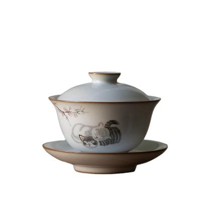 China Viable Chinese style handmade kungfu cat UK-ceramic tea cup set chawan cup and mug and dish with lid 160ml for sale