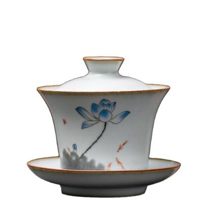 China Sustainable Chinese style handmade kungfu flower tea UK-ceramic cup and saucer set chawan with lid 170ml for sale