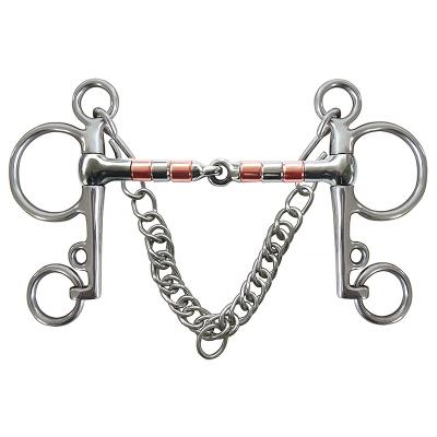 China Stainless Steel Horse Bit Pelham Bit Jointed Mouth With SS And Copper Rollers With Hooks And Restrictor Chain BT0711 for sale