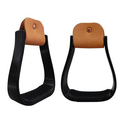 China Western style aluminum horse stirrup, black color. With the black rubber pedal. The leather being wrapped. Size: 4 3/4