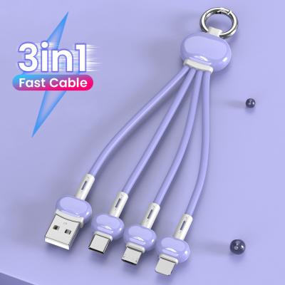 China Type-c multi function cable 15CM cobblestone 3A usb charging colorful liquid silicone micro usb cable 3 in 1 key chain for iphone charger cable for sale