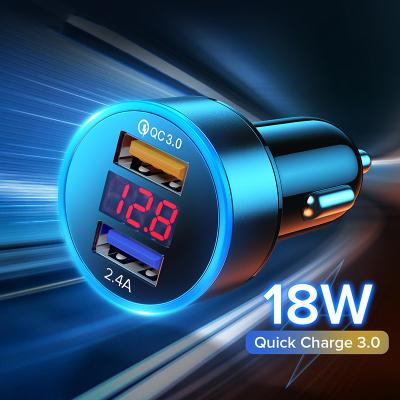 China Fast Mobile Phone Tablet MP3 GPS 5V 3.1A QC 3.0 Car Usb Charger With Left Aluminum LED Light Digital Display 2 Usb Car Charger Customized Logo for sale