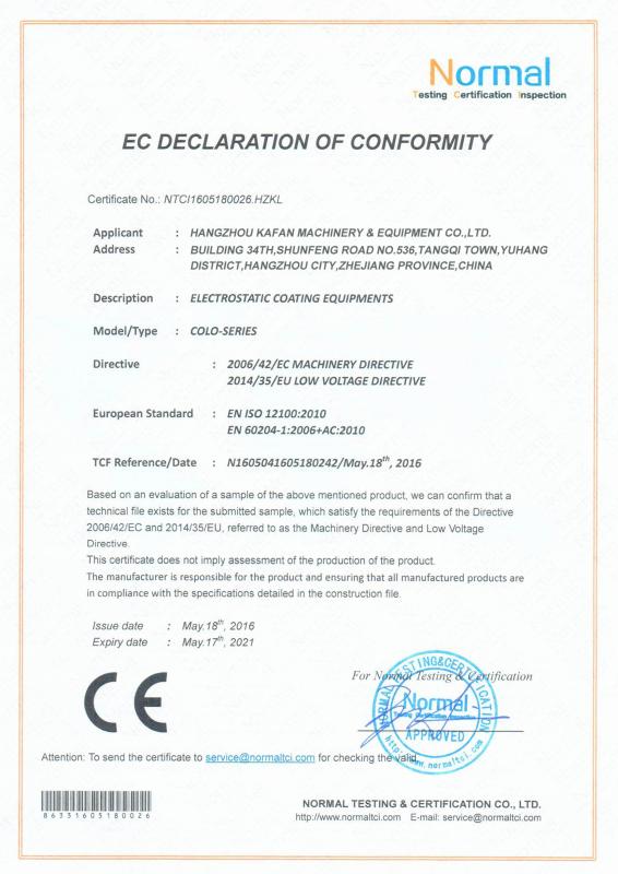 CE - Hangzhou Kafan Machinery&Equipment Co., Ltd.