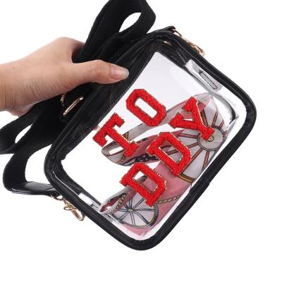 China Wholesale Fashion Clear PVC Cylinder Stage Cross - Body Bag Monogram Stage Approved Clear Purse With Small Chenille Letters Patches DIY for sale