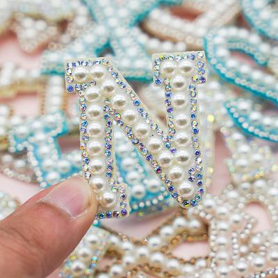 China Wholesale Viable 4.5cm Iron On Beaded Alphabet Bead Patches Heat Press Bead And Adhesive Rhinestone Letter Patches For Bag Dressing for sale