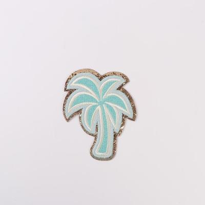 China Viable Wholesale Patches Cute Embroidery Sticker Iron On Gold Glitter Embroidered Bling Coconut Palm Patches For Bags DIY T-Shirt for sale