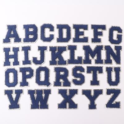 China New Viable 6.5cm A-Z 26 PCS Colorful Glitter Border Towel Chenille Letter Patches Applique Iron On Letters Navy Blue With Silver for sale