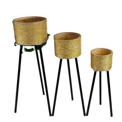 China American Gold Plastic Garden Decor Handmade Rope Style Flower Pot With Metal Legs for sale