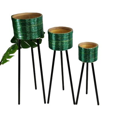 China Europe Handmade Blue Plastic Garden Decor Tall Rope Flower Pot With Metal Legs for sale