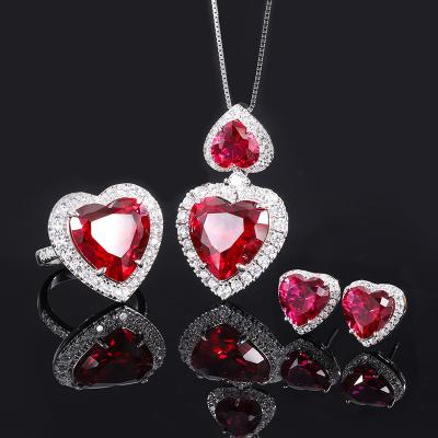 China 925 Sterling Silver Wedding Jewelry Set Simulated Ruby Diamonds Pendant Ring Earrings Heart for sale