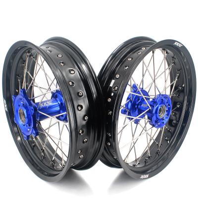 China 6082-T6 Aluminum KKE 17 Inch Spoked Supermoto Wheels Rims Set For Sherco SER SEF CNC Anodized Blue Hub Black Rim for sale